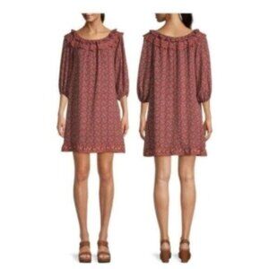 NWT Max Studio Rust/Red Floral Puff-Sleeve Ruffled Boho Dress Large